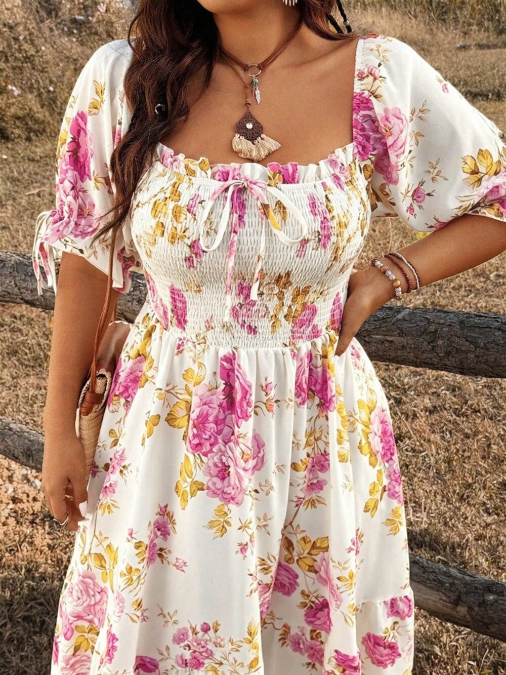 Multicolor Boho Women's Plus Size Floral short sleeve maxi Dress - Picture 4 of 7